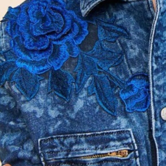 Tricia Fix embellished upcycled floral denim jumpsuit ~ L - Picture 7 of 10